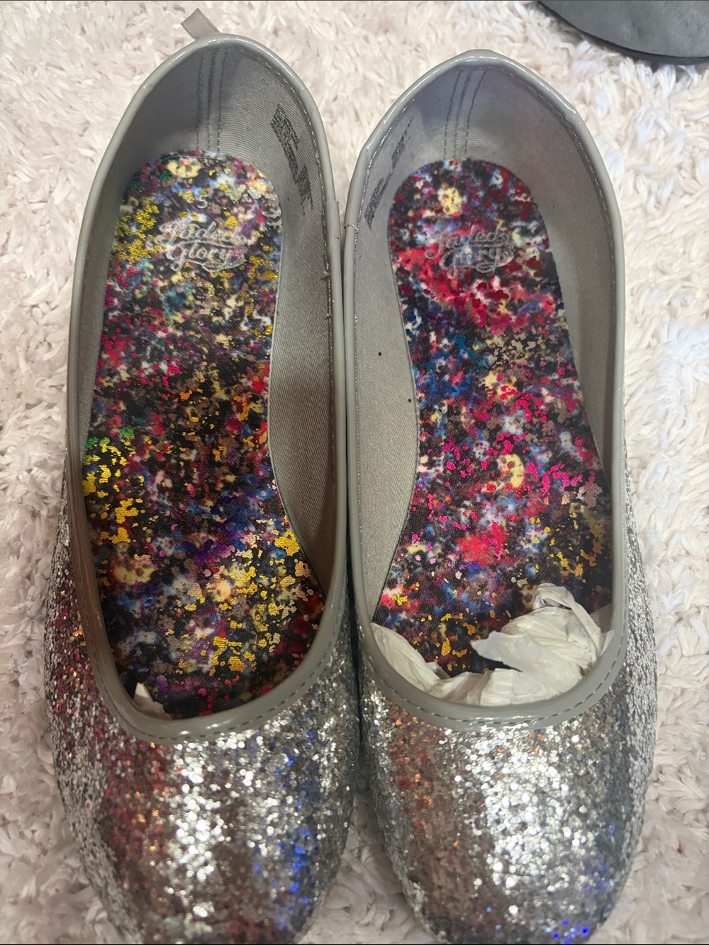 Silver Glitter Ballet Flats with Multicolor Insole
